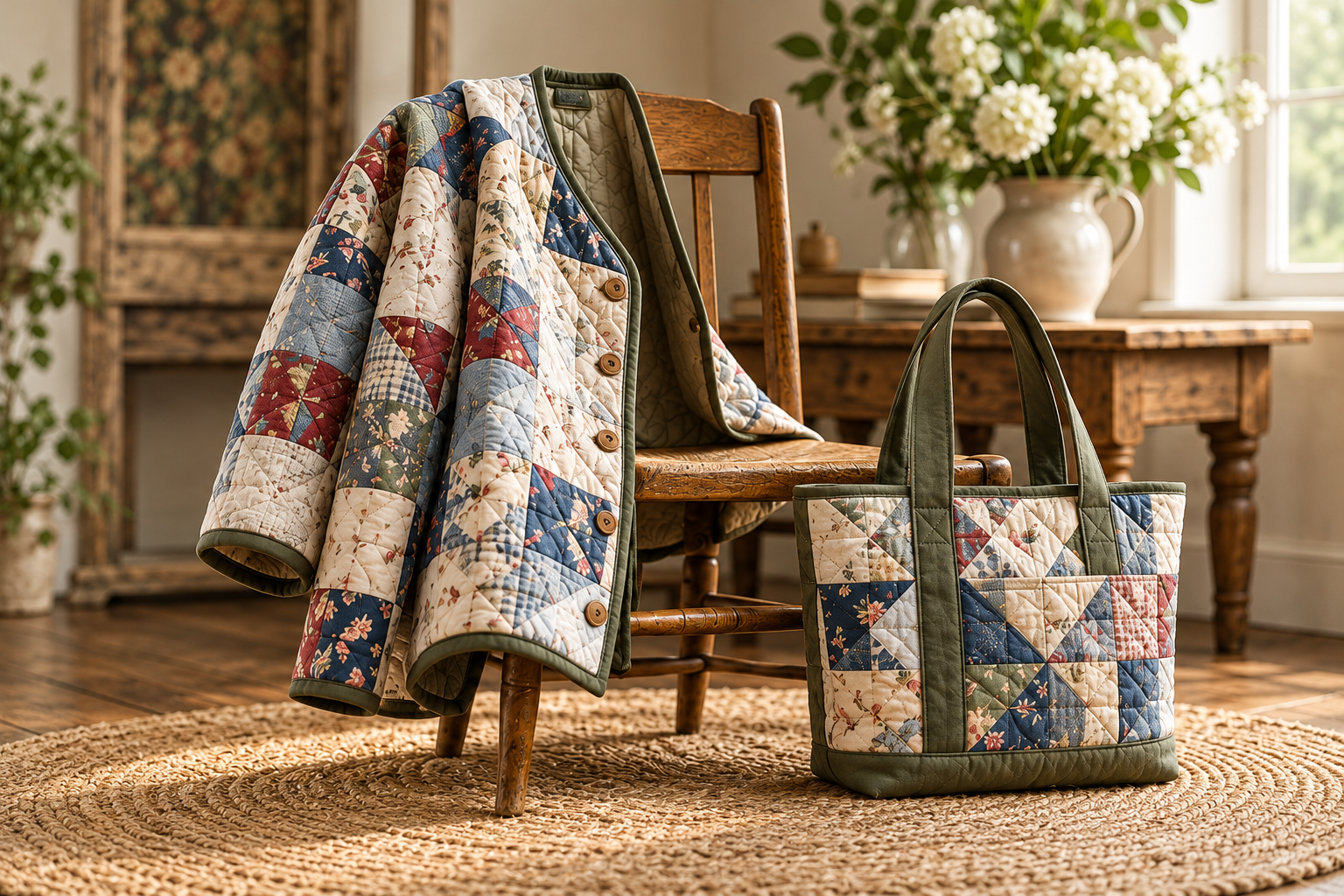 A handmade patchwork jacket and quilted tote in a warm, vintage sewing studio